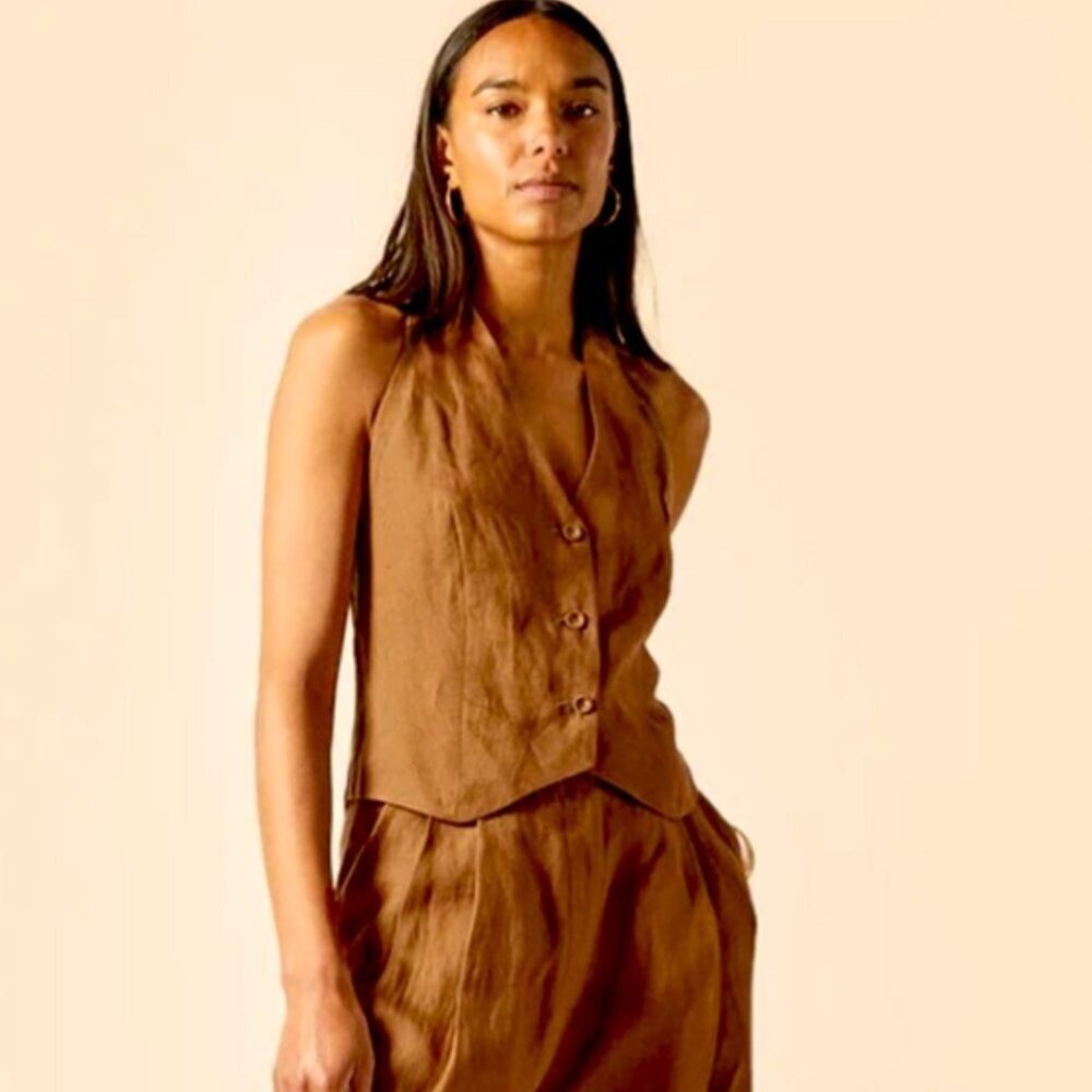 Casa Raki Abi Brown Button Waistcoat Halter Top in Organic Linen Sz Small $250